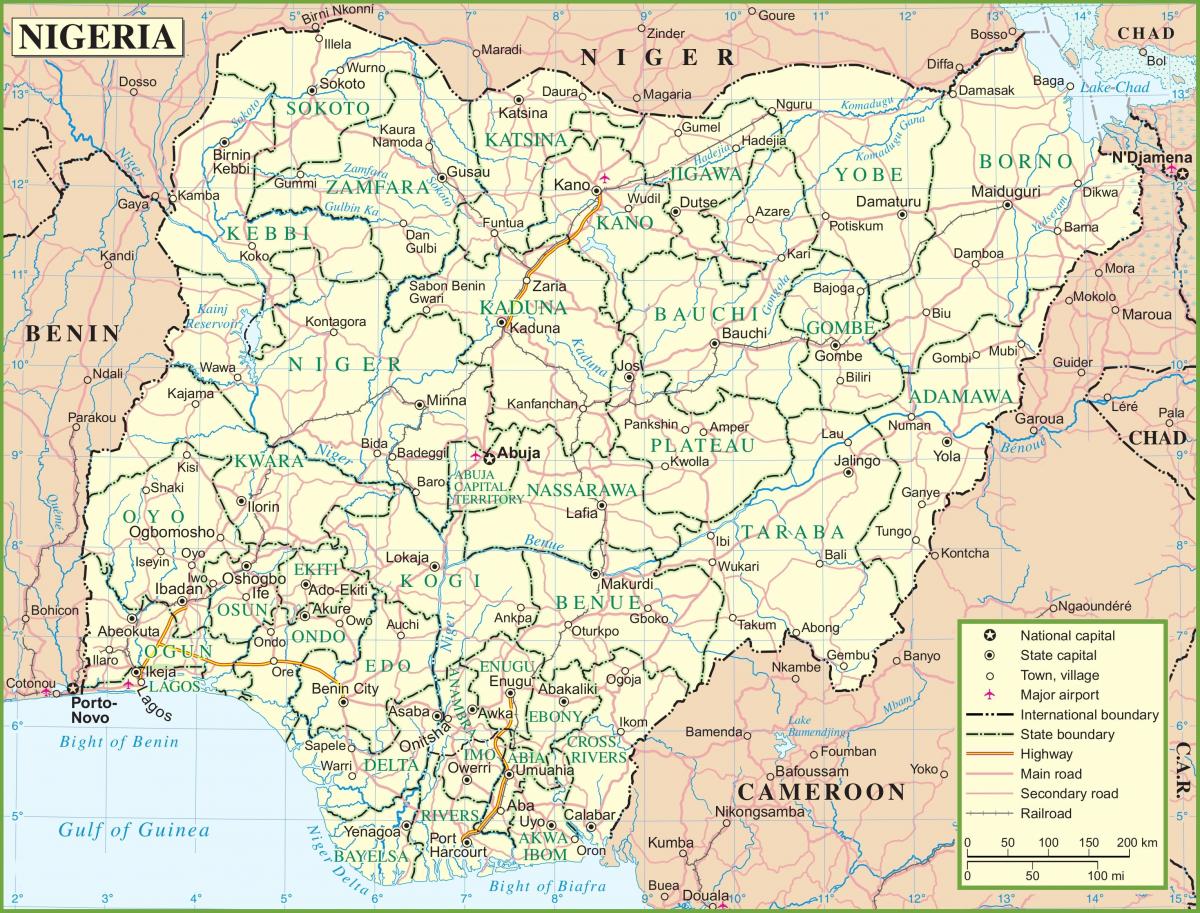 карта Нігерії з зазначенням основних доріг