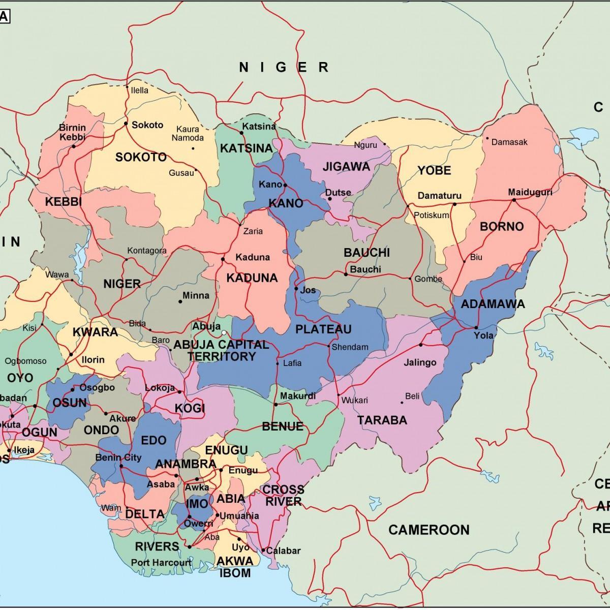 Карта Нігерії з державами і містами