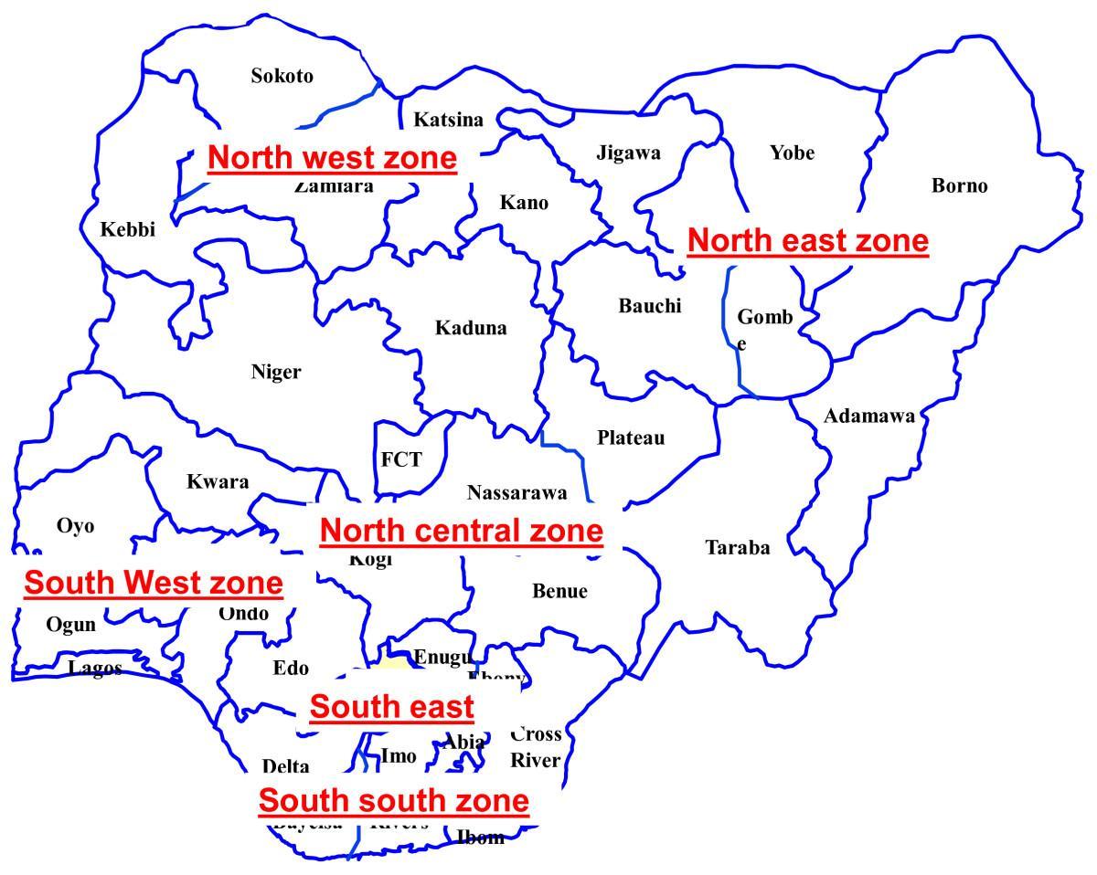 карта Нігерії із зазначенням шести геополітичних зон